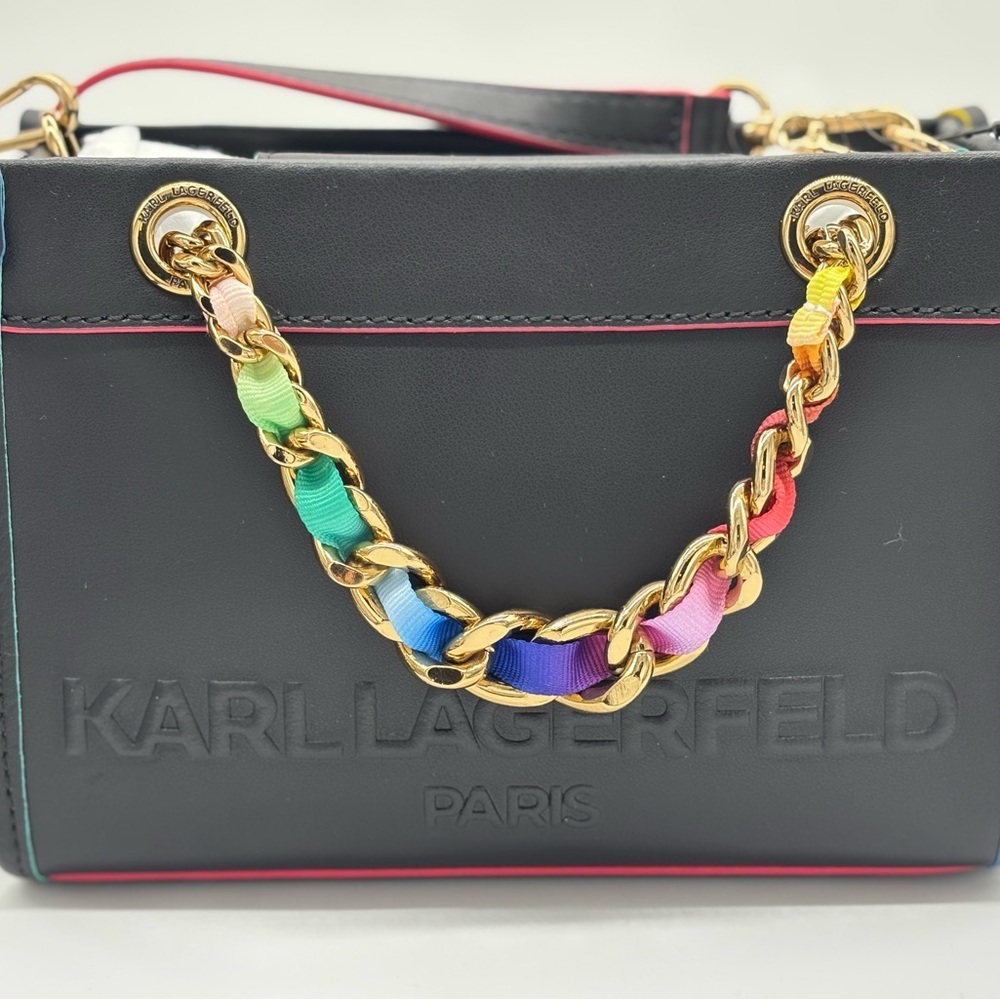 Karl Lagerfeld Black and Pink Leather Crossbody Bag with Multicolor Chain - Picture 6 of 13